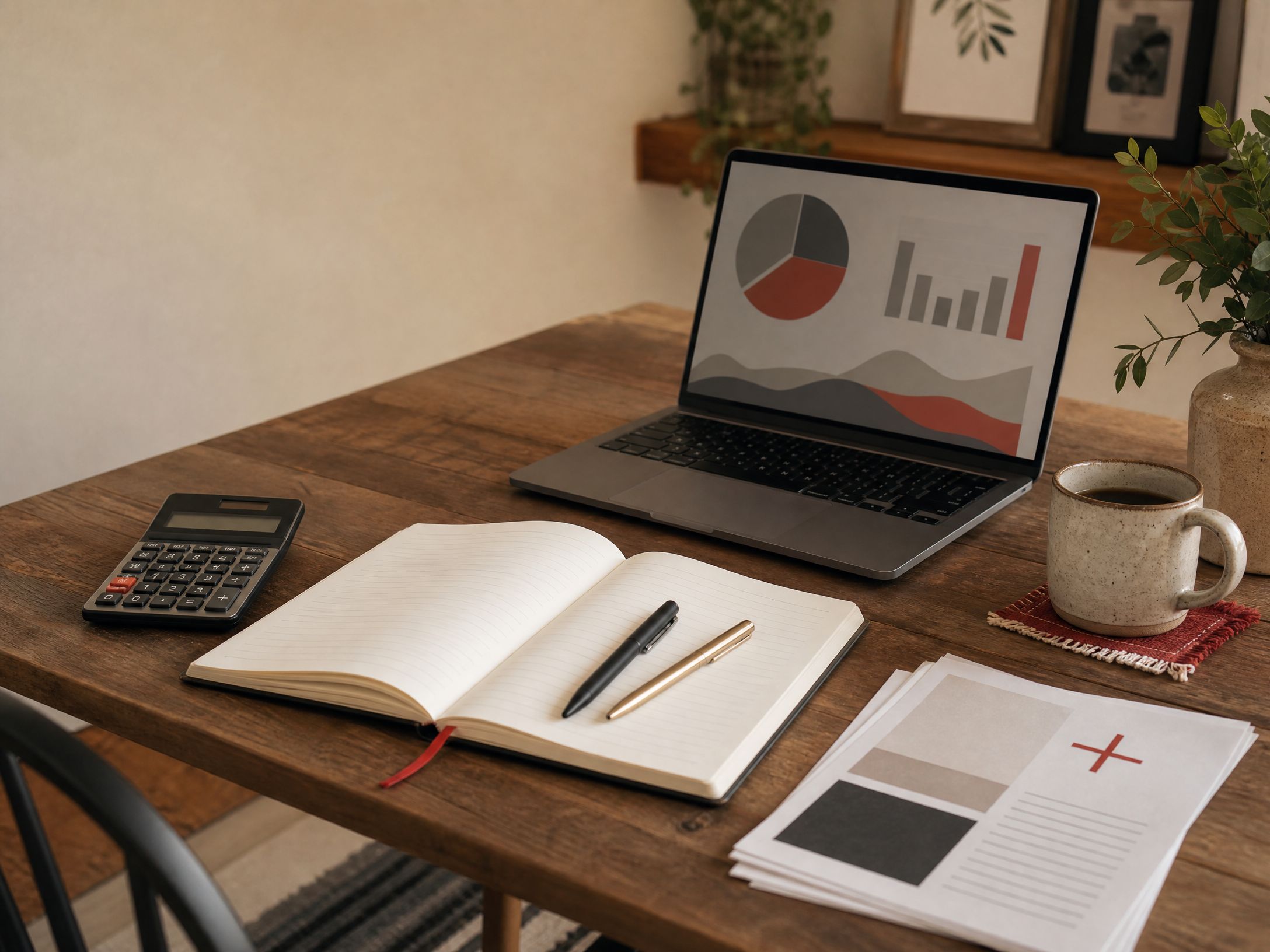 Online bookkeeping education workspace with charts, notebook, and calculator